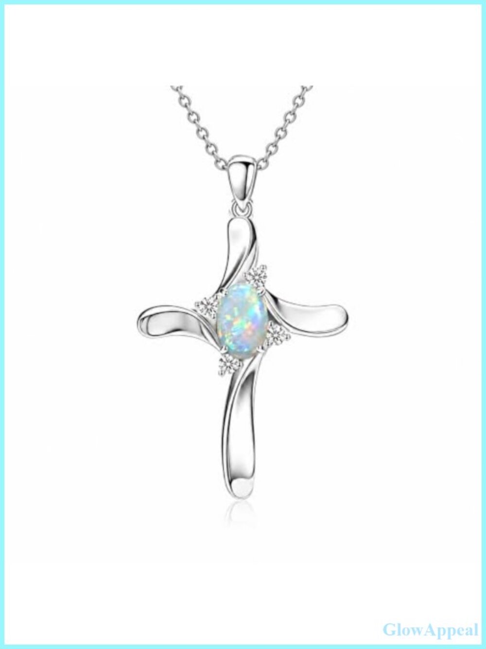 14K White Gold Plated Cross Pendant Necklace White Opal CZ 18in